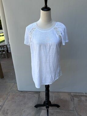 REBECCA TAYLOR Women's White Lace-Trim Short Sleeve Top Tee Size Small